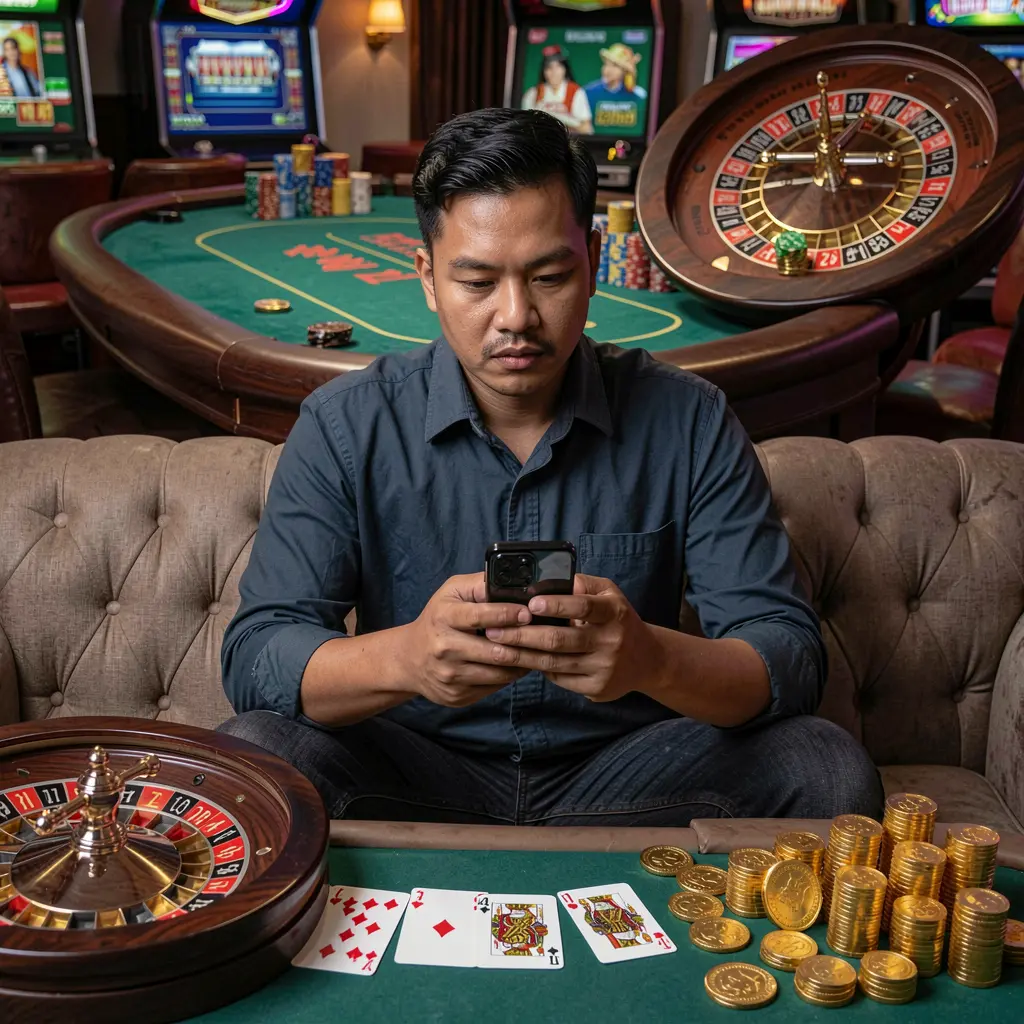 JL48 App – A smooth and immersive mobile casino experience for players in the Philippines Philippine player relaxing on a sofa while using the JL48 casino app with glowing roulette wheels cards and gold coins around him