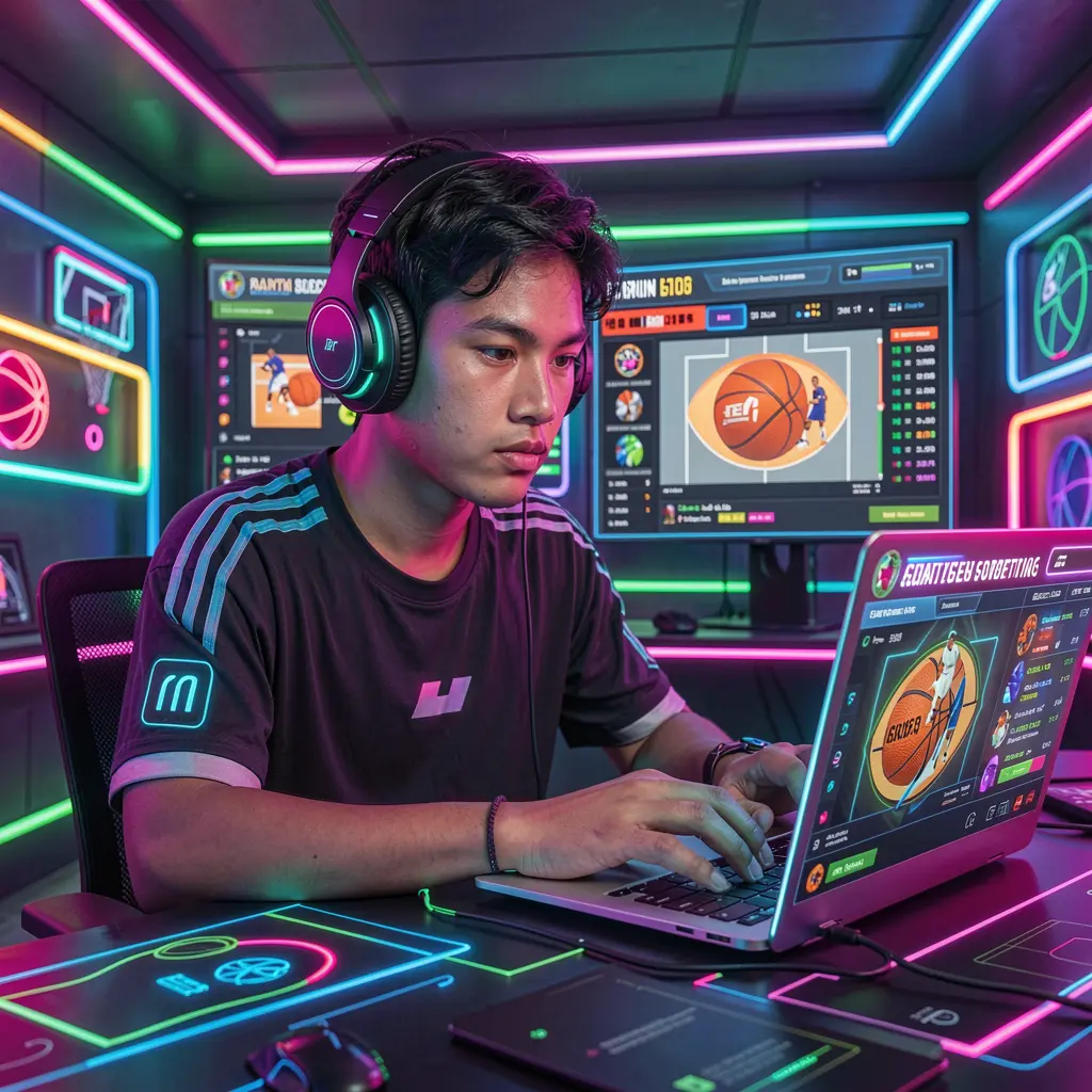 Focused Filipino bettor placing live basketball bets on a laptop with dynamic sports visuals while using the JL48 betting platform