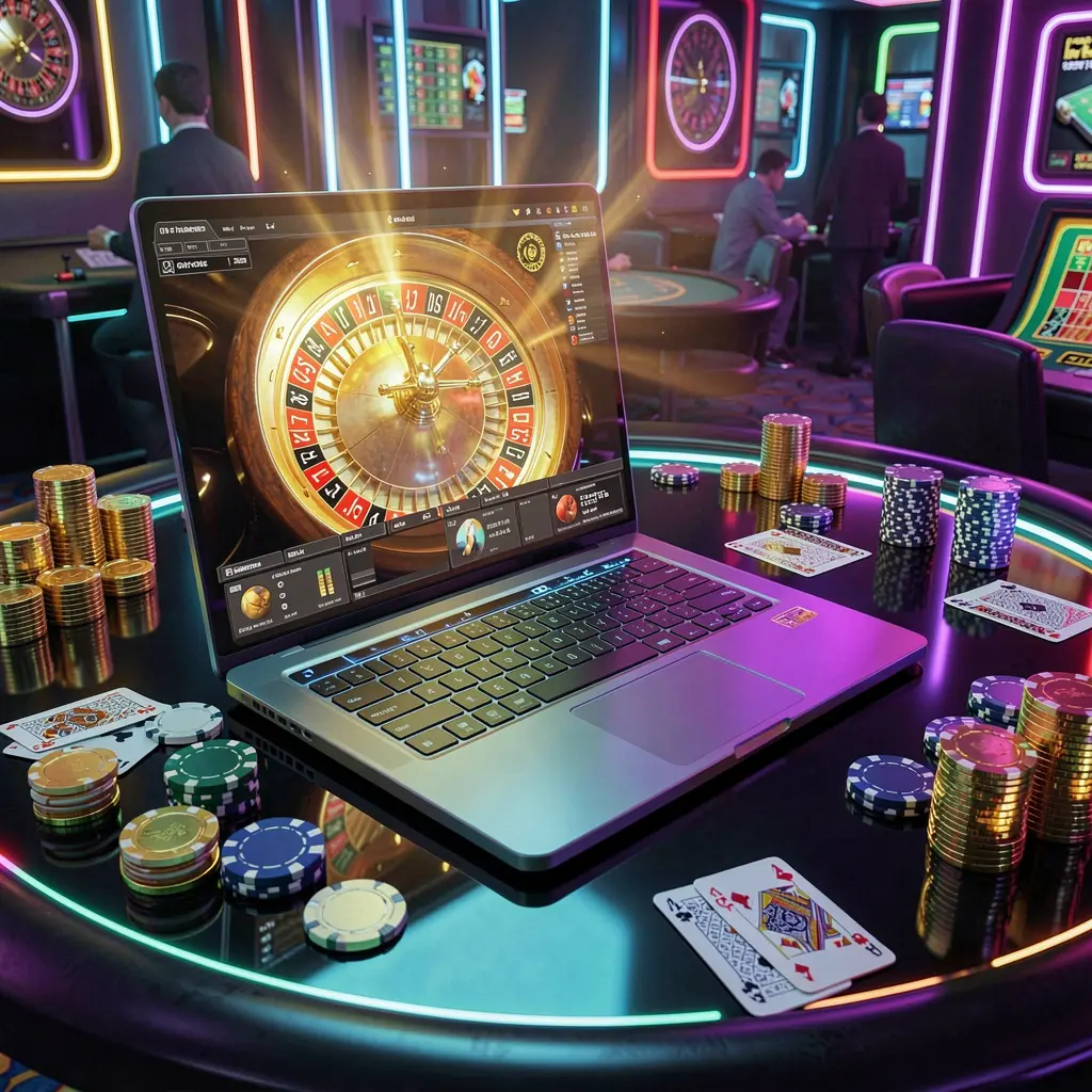 JL48 – Experience high stakes online casino entertainment in the Philippines Luxury online casino atmosphere with a modern laptop displaying a roulette wheel surrounded by gold coins and poker chips showcasing the premium JL48 casino experience in the Philippines