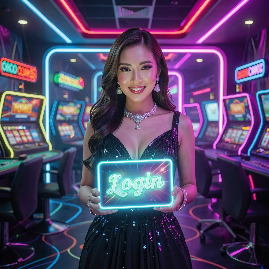 JL48 Login – Safe and stylish access to your casino account in the Philippines Elegant Filipino woman holding a glowing login card in a futuristic casino atmosphere showcasing the premium JL48 experience in the Philippines