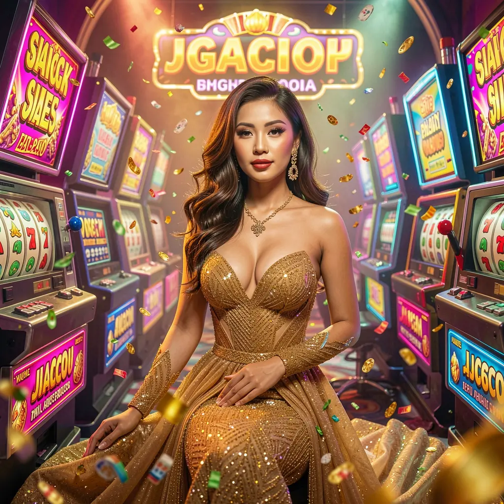 Stylish woman in a sparkling gold dress standing among bright slot machines in a luxury casino setting representing the modern JL48 online casino platform for players in the Philippines